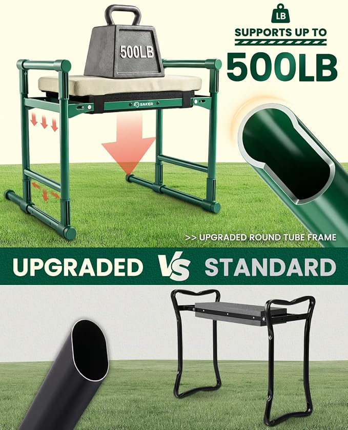Saker 2026 Upgraded Garden Kneeler and Seat - Gardening Bench Gardening Stool with 500LB Heavy Duty Round-Tube Frame, Soft Kneeling Pad Foldable Support for Elderly, Gardening (Luxury Version)
