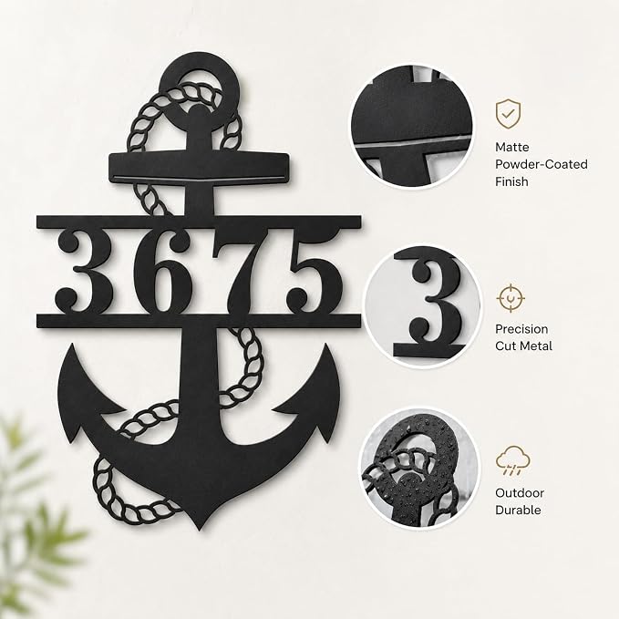 Personalized Anchor Address Sign Custom House Number Plaque Nautical Address Marker for Front Door Porch Patio Dock Beach House Lake House Coastal Outdoor Decor Gift