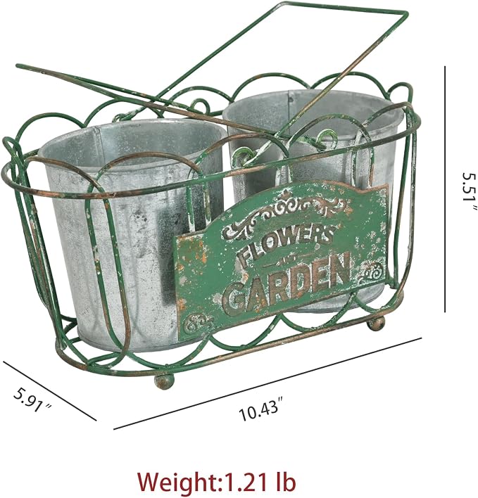 Vintage Green Iron Planter Basket with 2 Metal Flower Pots - Rustic Farmhouse Plant Holder for Indoor Outdoor Balcony, Window Sill, Tabletop Decor (Green#3)