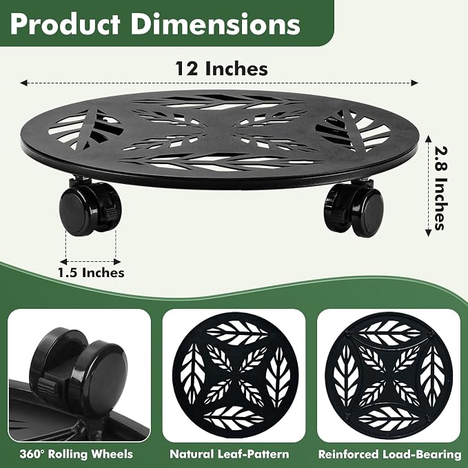 Planterhoma 2 Packs 12 Inch Rolling Plant Stand with Wheels Metal Plant Caddy with Wheels Heavy Duty Plant Rollers with Wheels Round Wrought Iron Plant Stand with Clear Saucers, Matte Black