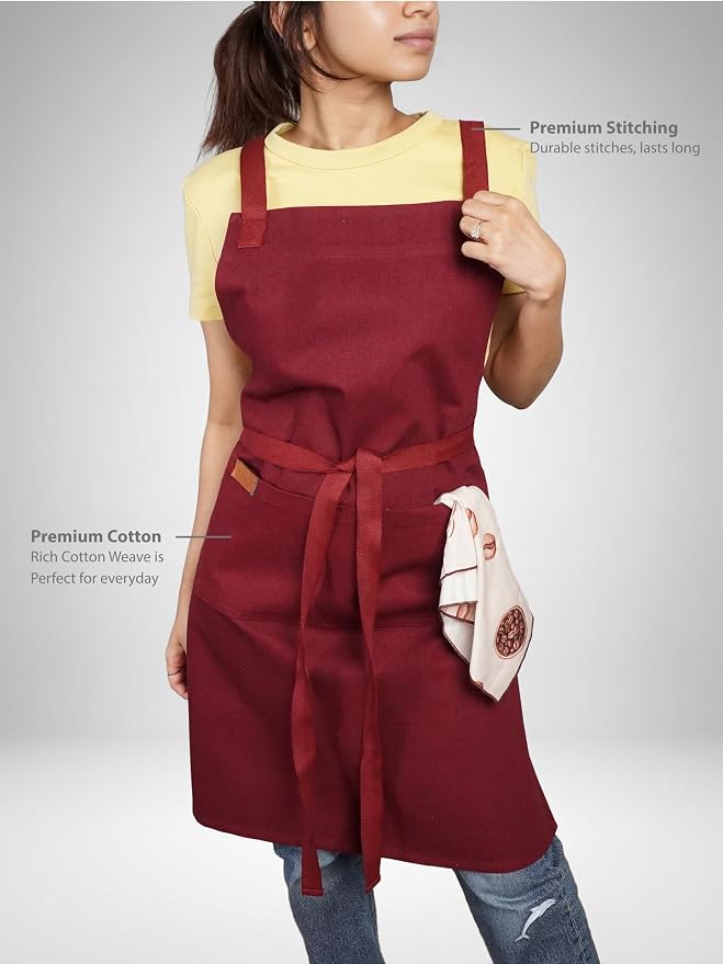 100% Cotton Kitchen Apron with 2 Pockets – Adjustable Chef Apron for Cooking Baking BBQ – Unisex Apron