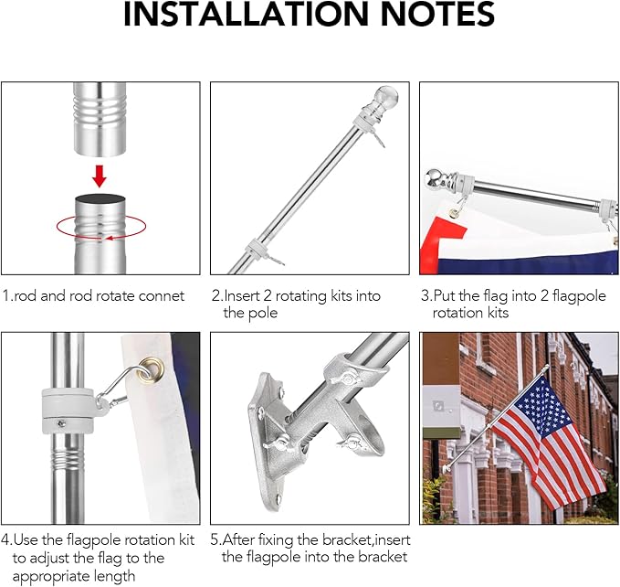Yeesun Flag Pole,6FT American Flag Pole & Bracket-Flagpoles for 3 x 5 Flags Holder for House Porch & Outdoor,Tangle Free and Wall Mount Flag Pole Kit (Without flag,Black)