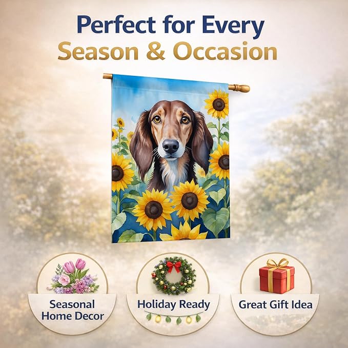 Caroline's Treasures DAC6152CHF Saluki in Sunflowers House Flag Large Porch Sleeve Pole Decorative Outside Yard Banner Artwork Wall Hanging, Polyester, House Size, Multicolor