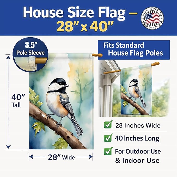 Caroline's Treasures Massachusetts Blackcapped Chickadee House Flag Large Porch Sleeve Pole Decorative Outside Yard Banner Artwork Wall Hanging, Polyester, House Size, Multicolor