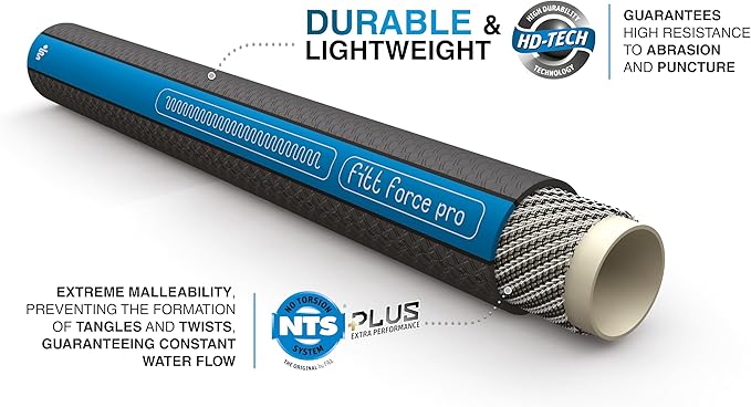 FITT Force Pro Water Hose, Lightweight Ultra Flexible Durable Kink-Free Heavy-Duty Commercial Grade Flat Garden Hose, Grey and Blue, 150-Feet x 5/8-Inch