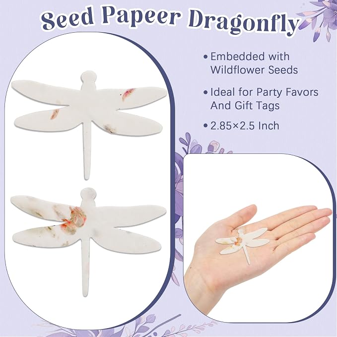 Dunzoom 50 Pcs Handmade Seed Paper Plantable Wildflower Seed Paper Recycled Flower Petals Tags Wedding Favors for Guests Craft Gifts Cards for Envelope Birthday Party, 5 Styles (Dragonfly Shape)