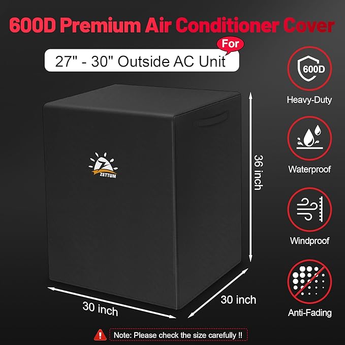 Zettum Air Conditioner Cover for Outside Units 30 Inch - 600D Air Conditioning AC Covers Waterproof, Outdoor Winter Cover for Central AC Condenser, Swamp Cooler, Pool Heater, Heat Pump, HVAC and More