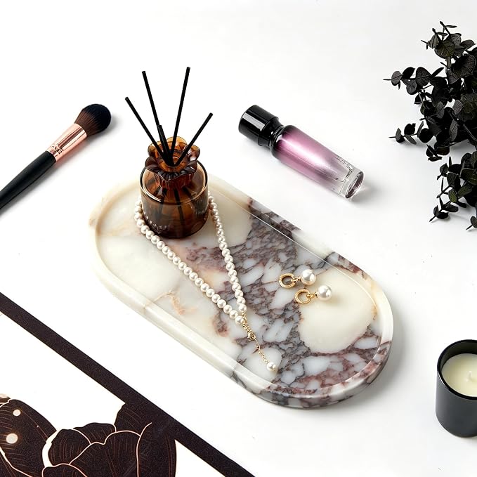 Luxury Natural Oval Marble Tray – 11.8 x 5.9-Inch Calacatta Viola Stone Vanity Tray, Large Makeup Organizer for Perfume Skincare Products, Decorative Tray for Bathroom Coffee Table & Dresser