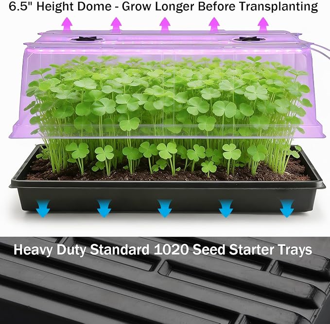 1020 Nursery Tray with Grow Lights, 4-Pack 6.3" Extra High Humidity Dome & Heavy Duty Propagation Tray, 8-Pack Integrated 96 Full Spectrum LED with Timer/5 Dimmable Levels, Reusable Greenhouse Kit