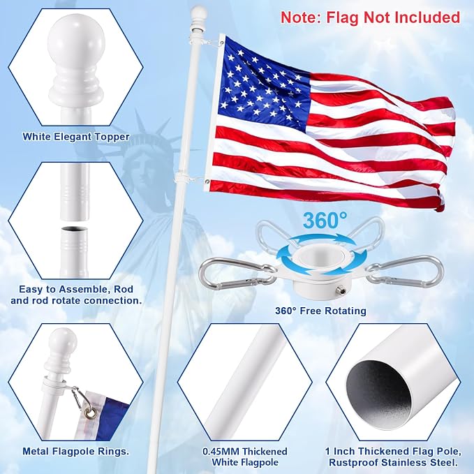 BONWIN White Flag Pole Kit for House, 5FT Thickened Stainless Steel Outside Wall Mount Flagpole for 3x5' Flag, 1" Tangle Free Rotating Flag Pole Rings & 2-Position Bracket Holder for Porch Residential