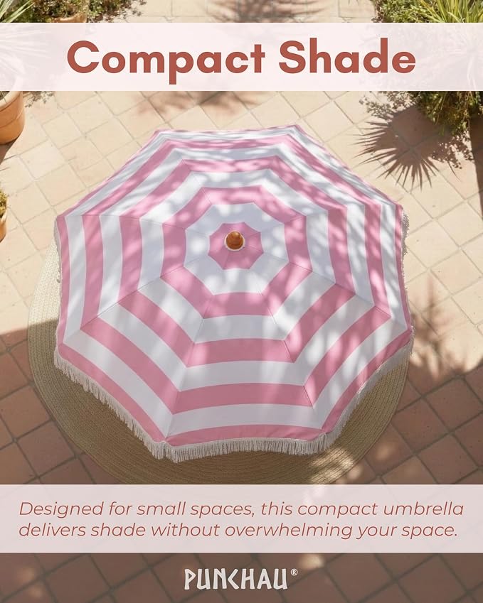 6 Ft Fringe Patio Umbrella - Outdoor Umbrella for Patio, Pool, Table, Garden, Deck, Beach, and Outdoors - Fashionable Boho Vintage Tassels & Wood Print - Push Button Tilt Pole