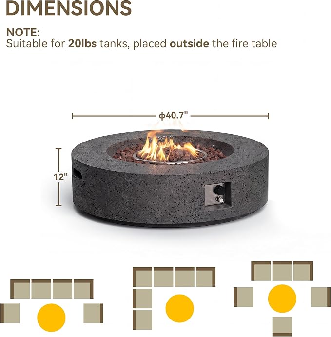 COSIEST 42 inch Outdoor Propane Fire Pit Coffee Table w Concrete Round Base Patio Heater, 50,000 BTU Stainless Steel Burner, Free Lava Rocks, Rain Cover, Gray