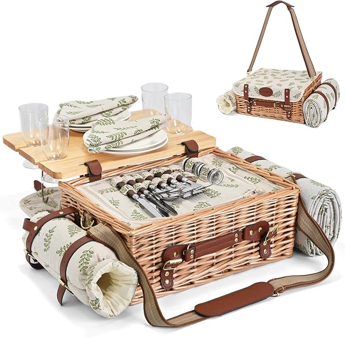 Multifunctional Wicker Picnic Basket Set for 4 with Blanket and Picnic Table, Insulated Picnic Set with Full Tablewares for Camping Outdoor Couples,Leaf