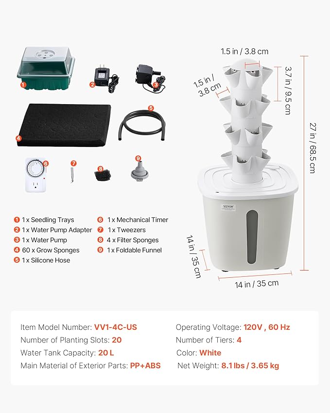 VEVOR Hydroponic Tower, 20 Pods 4 Tiers Hydroponics Growing System Kit, Vertical Home Hydronic Garden with 20L Water Tank & Pump, Planter Plants Germination Kit for Indoor Herbs, Fruits, Vegetables