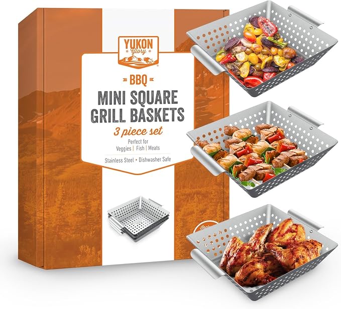 Yukon Glory 3-Piece Square Grill Basket Set | Stainless Steel BBQ Baskets with Protective Pads | Vegetables, Fish & Shrimp | RUST-PROOF | Dishwasher Safe | Gas, Charcoal & Campfire