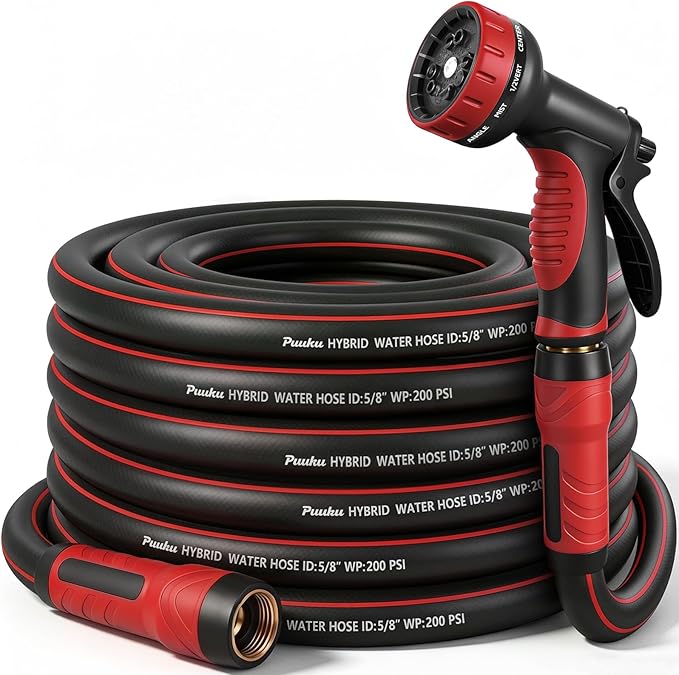 Garden Hose 25ft x 5/8", NON-EXPANDABLE Heavy Duty Premium Flexible Water Hose with 10 Function Spray Nozzle, No Kink, Leakproof, Lightweight Hybrid Hose with Swivel Handle, Male to Female Fittings