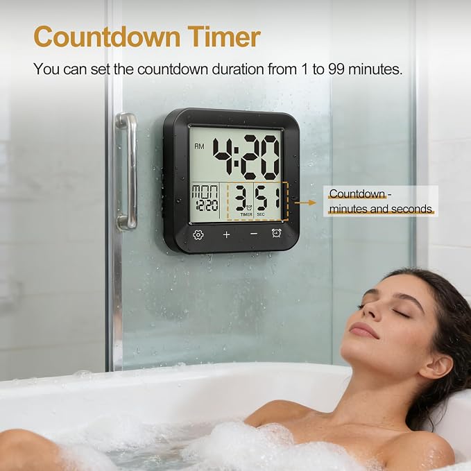 Shower Clock Waterproof, Bathroom Digital Clock with Timer, LCD Display, Touch Screen, Suction Cup, Temp, Seconds, Hanging, Hole Stand, Digital Wall Clocks Battery Operated for Kids and Adults