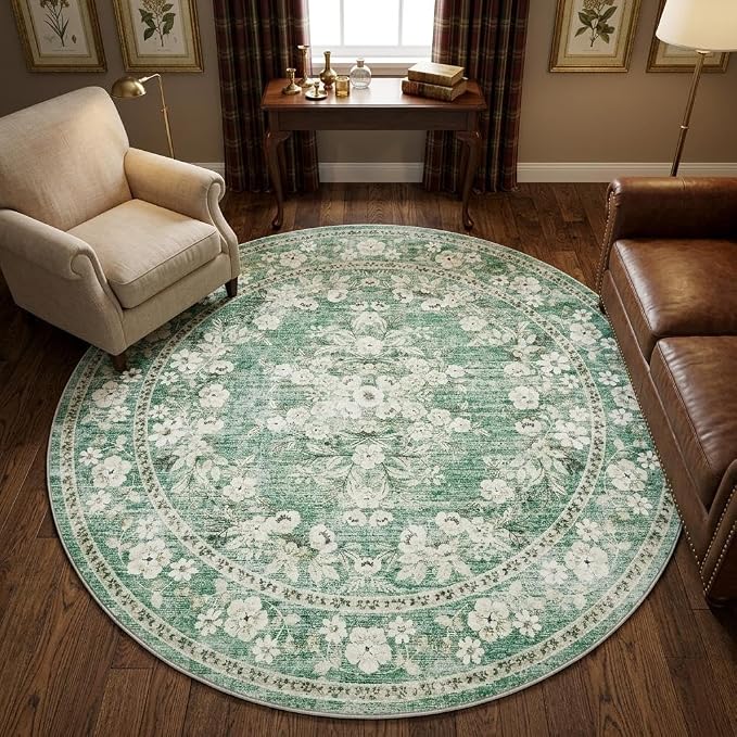 GarveeHome 4ft Round Rug for Living Room Vintage Floral Floor Carpets | Machine Washable Leaf Flower Botanical Throw Rug for Bedroom Vintage Distressed Sage Green Bordered Area Rug for Dining Room