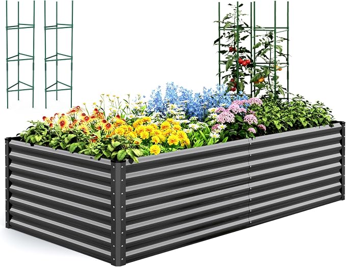 Quictent Galvanized Raised Garden Bed 8x4x2 Ft Tall Metal Planter Box for Vegetables Bottomless for Backyard, 2 Tomato Cages Included, 22.04" Deep, Dark Grey