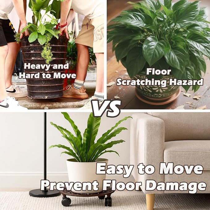 3 Packs 11 Inch Rolling Plant Stand with Wheels Wrought Iron Rolling Plant Stand with Casters Heavy Duty for Indoor Plants Rollers with Wheels, Metal Round Plant Dolly
