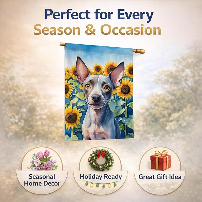 Caroline's Treasures DAC6010CHF American Hairless Terrier in Sunflowers House Flag Large Porch Sleeve Pole Decorative Outside Yard Banner Artwork Wall Hanging, Polyester, House Size, Multicolor