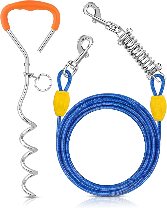 Petbobi Dog Tie-Out Cable and Stake - 10ft Heavy Duty Cable with Spring, No Tangle, 16in Ground Stake, Ideal for Outdoor Yard, Camping, Suitable for Small Medium Large Dogs Up to 120 lbs, Blue