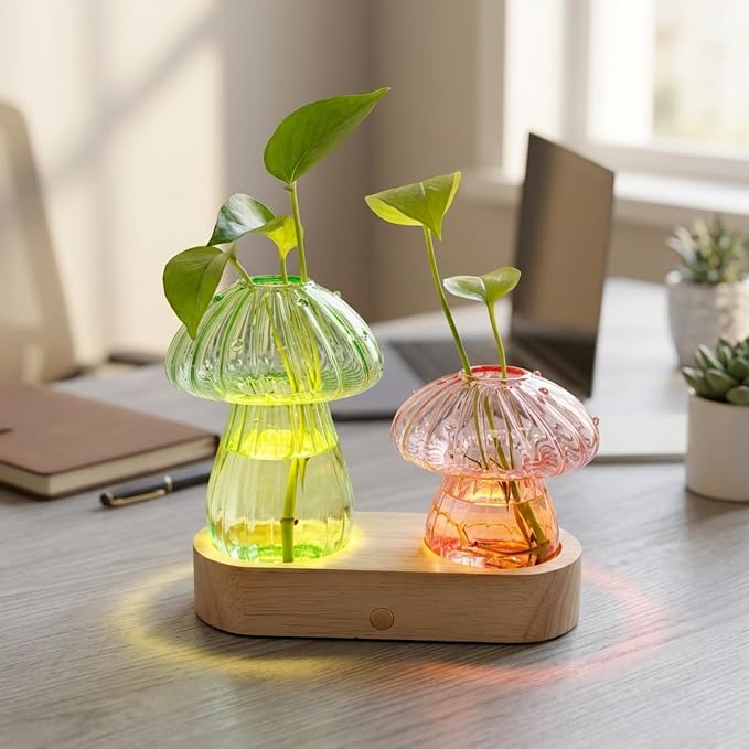LED Mushroom Glass Propagation Vase with Wooden Base, Hydroponic Plant Holder, Ambient Night Light for Desk, Bedroom & Living Room, Cute Home Decor Gift for Plant Lovers