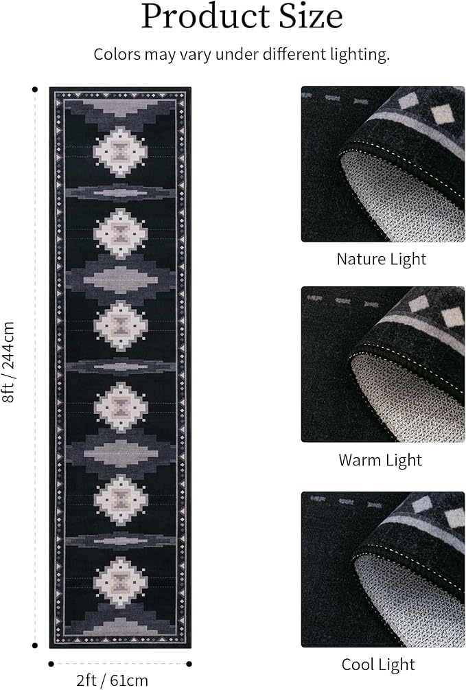 2'x8' Non-Slip Kitchen Runner Rug, Black and Grey Western Aztec Rug | Washable, Low Pile, Soft, Southwestern Geometric Design, for Entryway Hallway Boy Bedroom, Stain Resistant
