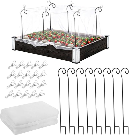 Garden Netting Kit for Raised Beds, 10 x 13 FT Ultra Fine Insect Mesh with 8 Upgraded Hook-Top Stakes & 20 Clips, Plant Cover for Vegetables, Fruits & Pest Protection