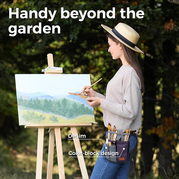 Garden Tool Belt for Women & Men, Slim Denim Garden Apron with 4 Pockets, Lightweight Adjustable Tool Pouch for Gardening, Florist, DIY & Craft, Purple