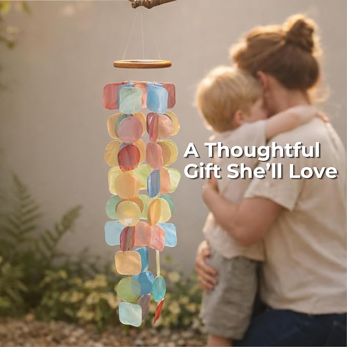 Solange & Frances Colorful Beachy Home Decor Wind Chimes for Outside. Capiz Shell Wind Chimes, Relaxing Beach Gift for Women, Gifts for Mom and Birthday Gifts for Women
