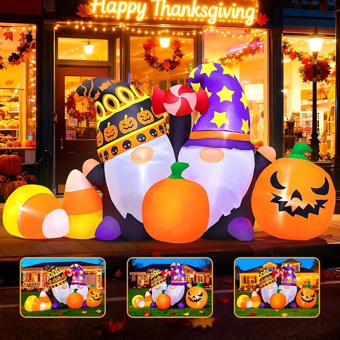 6FT Thanksgiving Inflatable Decoration, Built in LED Lights Blow Up Gnomes with Pumpkin/Sugar Decorations for Thanksgiving Party, Indoor, Outdoor, Garden, Yard Lawn Décor