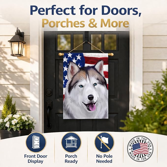 Caroline's Treasures CK6389CHF Alaskan Husky American Flag House Flag Large Porch Sleeve Pole Decorative Outside Yard Banner Artwork Wall Hanging, Polyester, House Size, Multicolor
