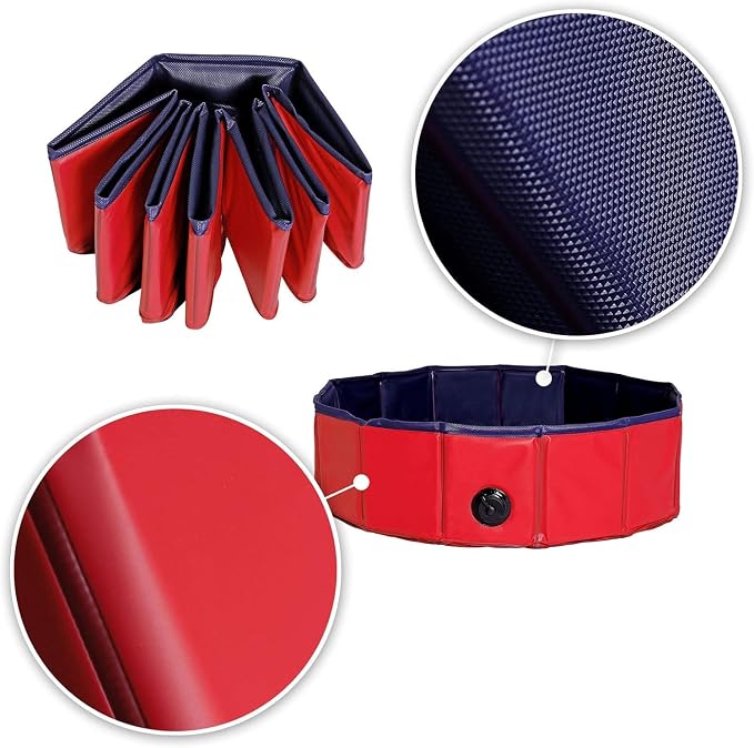 lionto Foldable Dog Pool Made of Scratch-Resistant PVC Material, Ø 31,5 in, Height 7,9 in, Anti-Slip Coating & Drain Plug for Quick Emptying, no Pump Required, Robust Children's Pool, Blue/red