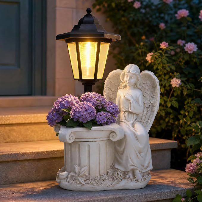 Solar Angel Outdoor Statues, Garden Sculptures with Lantern & Flower Pot, Angel Figurines for Yard Lawn Porch Patio Balcony Decor- Gifts for Women Mom Grandma