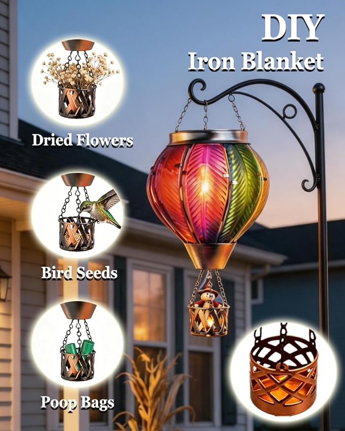 Larekook Rainbow Solar Hot Air Balloon Lantern with Flickering Flame Light,Glass Outdoor Garden Decor,Hot Air Balloon Solar Lantern Outdoor Waterproof Hanging Light for Yard Patio Porch Lawn