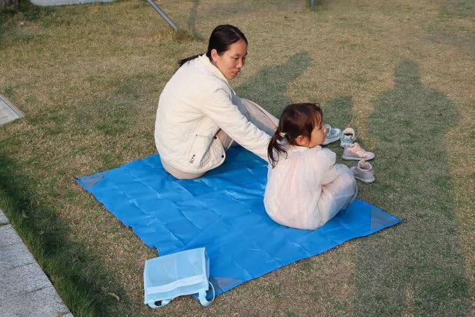 Orga'Neat Pocket Picnic Blanket, Beach Mat Waterproof Sandproof, Compact Lightweight Small Tarp for Camping, Hiking, Backpacking, Festival, Travel, Foldable in Bags (Blue/Grey, 55"x39")
