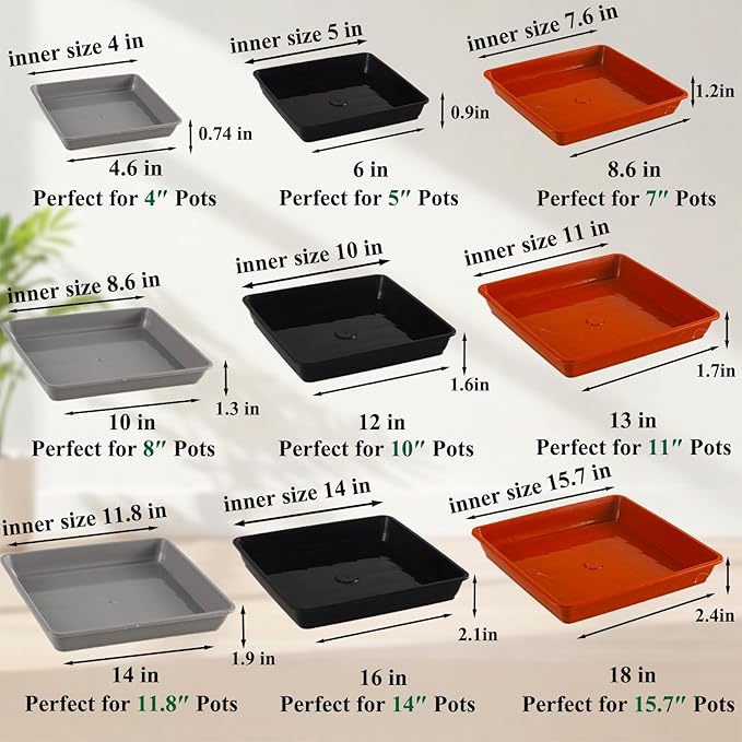 10 Pack Square Plant Saucer 18 Inches Plant Trays for Pots Plastic Round Drip Trays Flower Pot Saucers Black Planter Water Tray Plant Drainage Tray, Black
