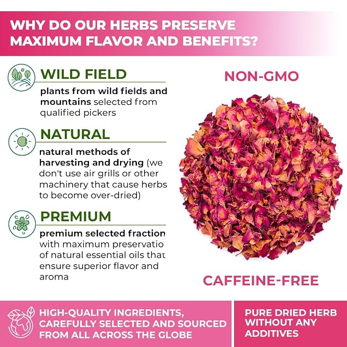 30 Bags Rose Petal Buds Herbal Tea (Rosa Damascena) - 30 Count 1g Bags Dried Rose Herb Té De Rosa