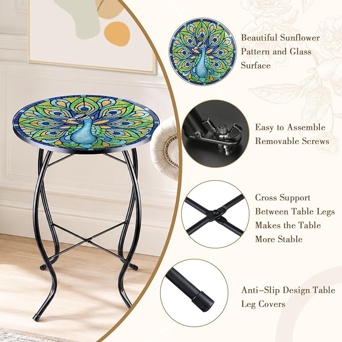 MUMTOP Outdoor Side Table - Small Mosaic Patio Tables, 14” Round Accent End Coffee Glass Plant Stand for Garden Living Room(Peacock)