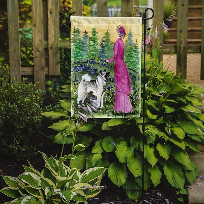 Caroline's Treasures SS8154GF Lady with her Norwegian Elkhound Garden Flag Mailbox Flag Decorative Yard Flag Banner Outside Patio Artwork Yard Flower Beds, Garden Size, Multicolor