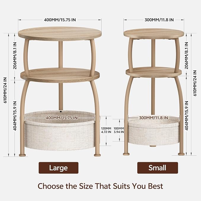 Round Side Table with Storage Basket, End Table Living Room | 3-Tier Bedside Table, Corner Table for Small Room, Bedroom, Garden, 15.75in Couch Side Table with Cat Bed, Accent Table