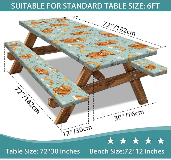 Picnic Table Cover with Bench Covers and Bag, Cute Cow Camping Essentials Waterproof Windproof, Fitted Tablecloth Cover with Elastic Edge, for Indoor & Outdoor, Camping, 3 Pieces Set, 30x96 IN