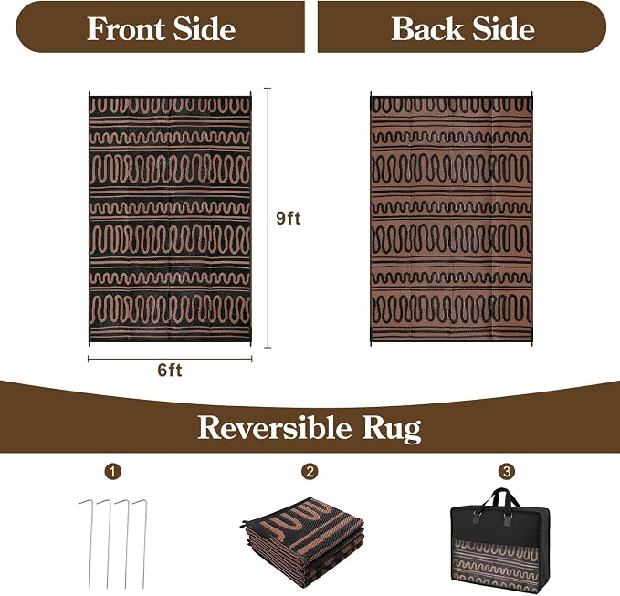 Beeiva Waterproof Outdoor Rug 6x9 for RV Camping, Reversible Outdoor Mat for Porch, Balcony, Picnic, Plastic Straw Rug Black Brown