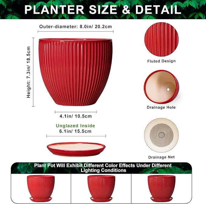 Ceramic Flower Pots 8 Inch, Ceramic Planters for Indoor House Plants, Decorative Plant Pots with Drainage Hole and Saucer, Modern Round Planter, Office Decor, Gifts for Men Women, Red