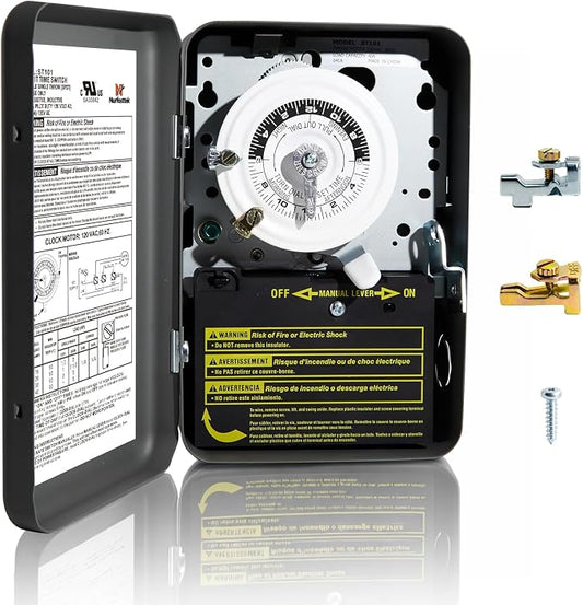 T101 24-Hour Mechanical Timer, 40A 120VAC SPST, 12 On/Off Operations, Indoor Use Only, for Commercial Refrigeration Defrost, Lighting, Fans, Pool Pumps, Irrigation Systems, Water Heater Timing Control