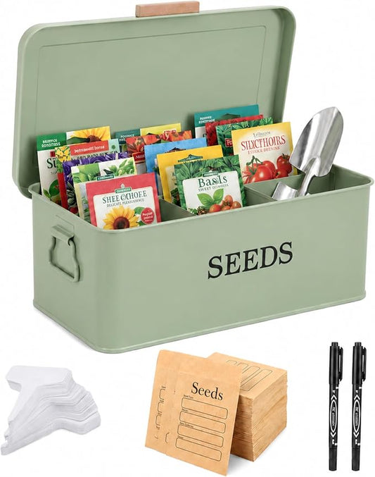 Seed Storage Organizer,Metal Seed Saving Box with Lid,4 Compartments Box with Safety Locks,Garden Supplies Container with 20 Plant Labels 50 Saving Envelopes 2 Marker Pens,Green