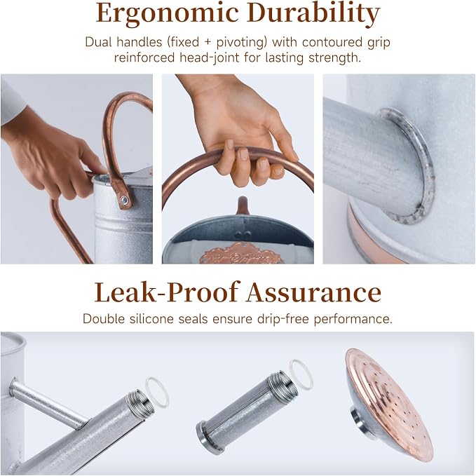 1 Gallon Metal Watering Can with Real Copper Details, Fine-Grid Galvalume Body, Removable Watering Rose for Indoor Plants, Patio and Greenhouse