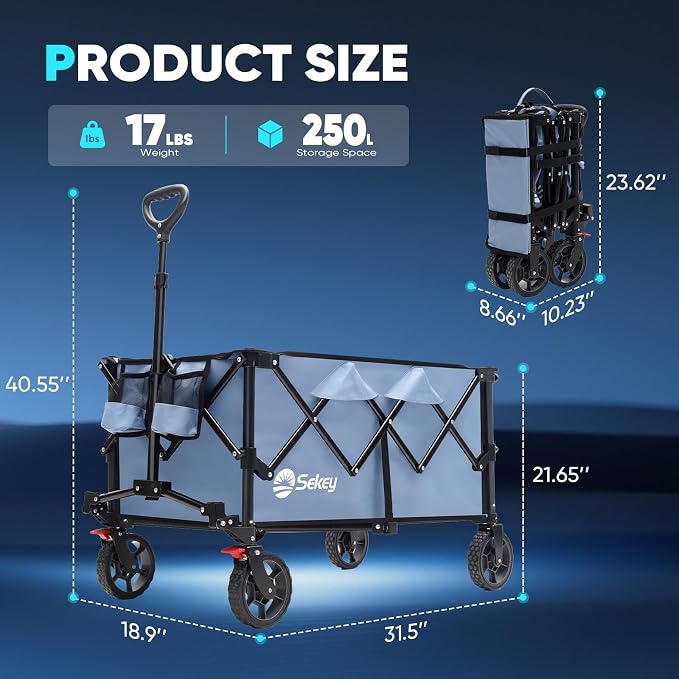 Sekey Collapsible Foldable Wagon with 300lbs Weight Capacity, Heavy Duty Folding Wagon Cart with Big All-Terrain Wheels & Drink Holders.Blue