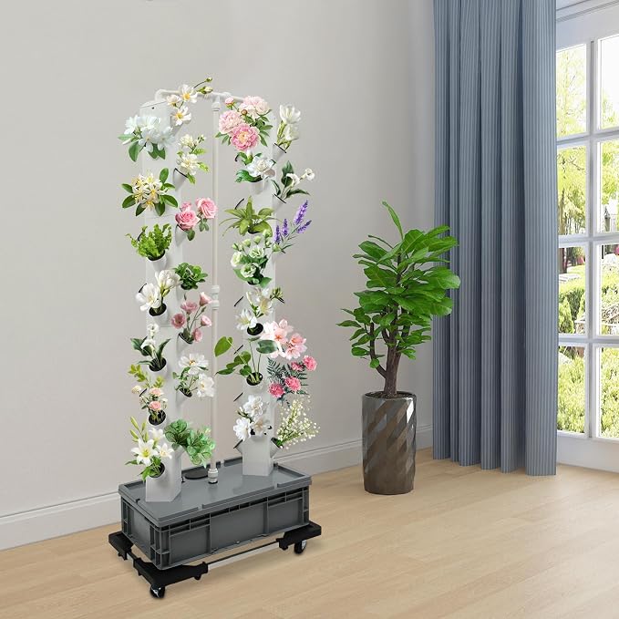 Hydroponics Growing System Kit 2 Tower 56 Pods Vertical Garden Tower Garden Growing System with Timer, Wheels, Indoor Hydroponic Planter for Vegetable, Fruit, Flower (Gray, 56 Pods)